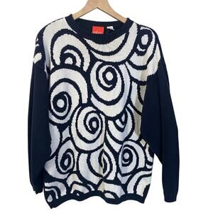 Vintage Liz & Co Navy Blue & White Retro Swirl Knit Sweater 100% Cotton Sz L